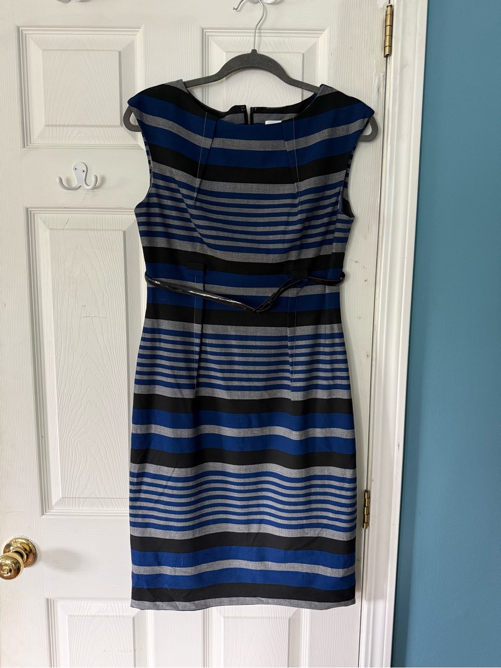 Calvin Klein Blue, Black and Gray Striped Sheath Dress